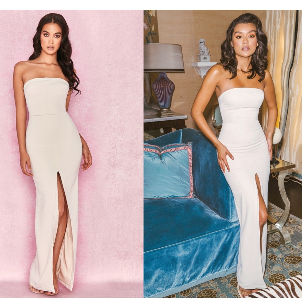 'Holly Ecru' Slit Front Strapless Maxi Dress